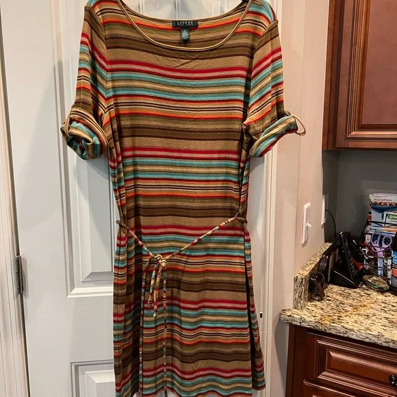 Ralph Lauren Brown Tan Orange Multi Striped Dress Sz 2X - Picture 2 of 4